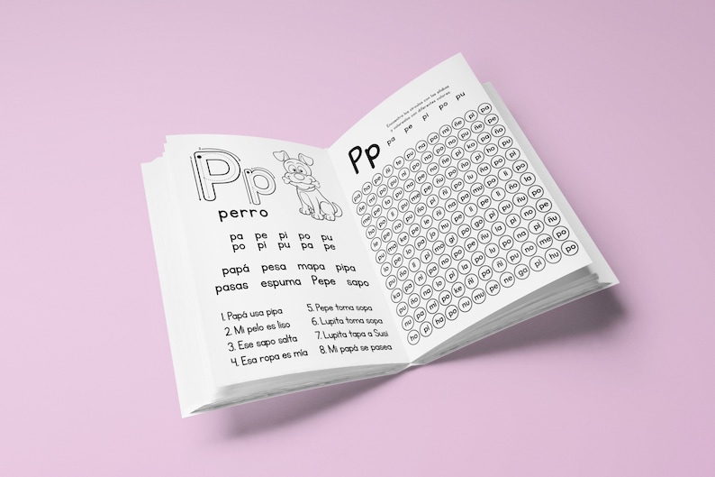 Pode incluir: Livro ilustrado em preto e branco com um c&atilde;o e a letra P. O livro ensina palavras em espanhol que come&ccedil;am com a letra P. O livro tem uma p&aacute;gina com uma grade de c&iacute;rculos contendo a letra P.