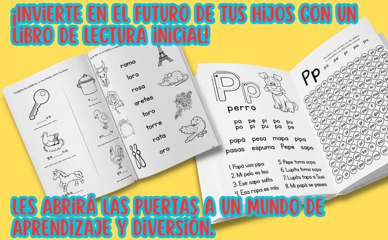 Pode incluir: Um livro ilustrado em preto e branco com as palavras em espanhol "&iexcl;INVIERTE EN EL FUTURO DE TUS HIJOS CON UN LIBRO DE LECTURA INICIAL!" na capa. O livro apresenta uma variedade de atividades para aprender o alfabeto espanhol, incluindo a correspond&ecirc;ncia de palavras com imagens, o tra&ccedil;ado de letras e a realiza&ccedil;&atilde;o de uma busca de palavras. O livro tamb&eacute;m inclui a frase em espanhol "LES ABRIRA LAS PUERTAS A UN MUNDO DE APRENDIZAJE Y DIVERSI&Oacute;N."
