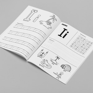 Pode incluir: Caderno de exerc&iacute;cios preto e branco com uma p&aacute;gina mostrando a letra "I" e palavras que come&ccedil;am com a letra "I", como "iglu", "iguana" e "ilha".