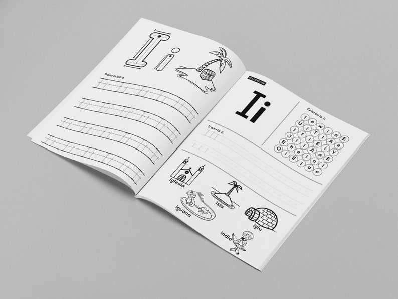 Pode incluir: Caderno de exerc&iacute;cios preto e branco com uma p&aacute;gina mostrando a letra "I" e palavras que come&ccedil;am com a letra "I", como "iglu", "iguana" e "ilha".