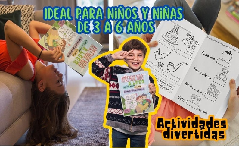 Pode incluir: Duas crian&ccedil;as est&atilde;o segurando livros coloridos com o texto em espanhol "Aprendiendo a Leer" (Aprendendo a ler) nas capas. Os livros s&atilde;o para crian&ccedil;as de 3 a 6 anos. O texto "IDEAL PARA NI&Ntilde;OS Y NI&Ntilde;AS DE 3 A 6 A&Ntilde;OS" (Ideal para meninos e meninas de 3 a 6 anos) &eacute; vis&iacute;vel na parte superior da imagem. A imagem tamb&eacute;m inclui uma folha de trabalho em preto e branco com texto e ilustra&ccedil;&otilde;es em espanhol.