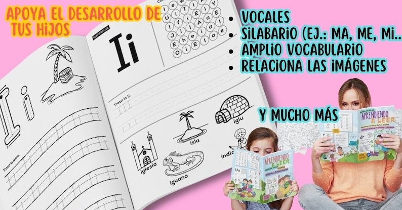 Pode incluir: Um livro de trabalho colorido com a letra "I" e ilustra&ccedil;&otilde;es de uma igreja, uma iguana, uma ilha e um iglu. O texto "APOYA EL DESARROLLO DE TUS HIJOS" est&aacute; no topo da p&aacute;gina. O texto "VOCALES, SILABARIO (EJ.: MA, ME, MI.., AMPLIO VOCABULARIO, RELACIONA LAS IM&Aacute;GENES, Y MUCHO M&Aacute;S" est&aacute; do lado direito da p&aacute;gina.
