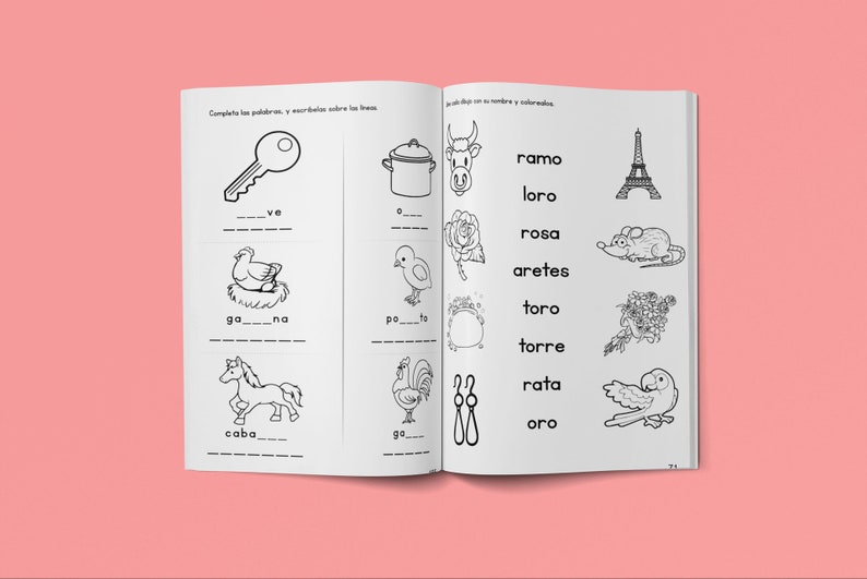 Pode incluir: Ilustra&ccedil;&otilde;es em preto e branco de v&aacute;rios objetos, incluindo uma chave, uma panela, uma vaca, uma flor, um papagaio, uma torre, um rato e brincos. As palavras "ve", "ga_na", "caba", "o", "poto", "ramo", "loro", "rosa", "aretes", "toro", "torre", "rata" e "oro" est&atilde;o escritas abaixo das imagens.