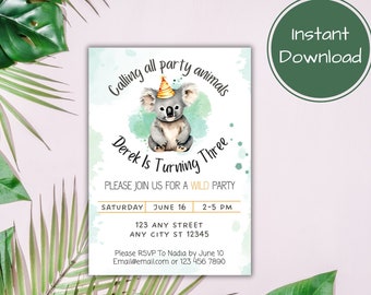 Koala Birthday Party Invitation, Cute Wildlife Birthday Invitation, Jungle Birthday Invitation, Printable Birthday Invitation Template Canva