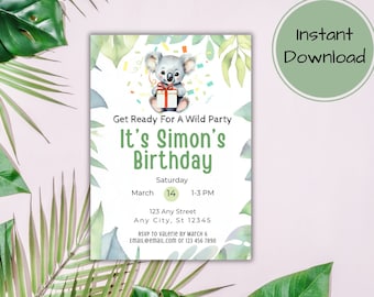 Koala Birthday Party Invitation, Cute Wildlife Birthday Invitation, Jungle Birthday Invitation, Printable Birthday Invitation Template Canva