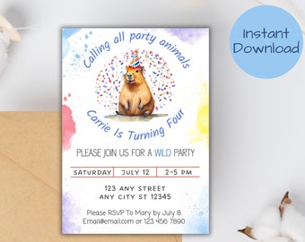 Capybara Birthday Invitation, Capy Birthday, Cute Animal Birthday Invitation, Customizable Printable Birthday Invitation Canva Template