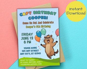 Capybara Birthday Invitation, Capy Birthday, Cute Animal Birthday Invitation, Customizable Printable Birthday Invitation Canva Template