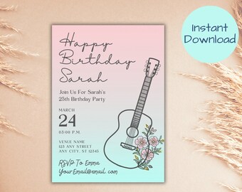 Guitar Birthday Invitation, Floral Guitar Birthday Invitation, Musician Birthday Invitation, Music Themed Birthday Invitation, Custom Canva