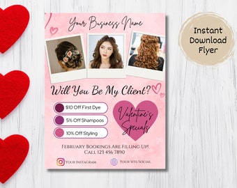 February Booking Flyer, Valentines Day Hair Flyer, Valentines Business Flyer, Hair Booking Flyer, Printable 8.5 x 11 Hair Salon Flyer Canva