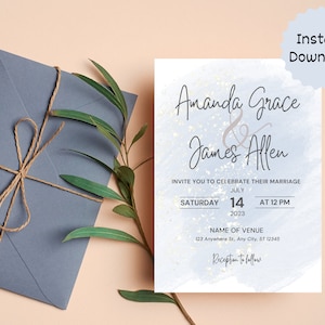 Blue Wedding Invitation, Blue Glitter Simple Wedding Invitation, Custom Wedding Invitation, Canva Wedding Template, Instant Download Invite