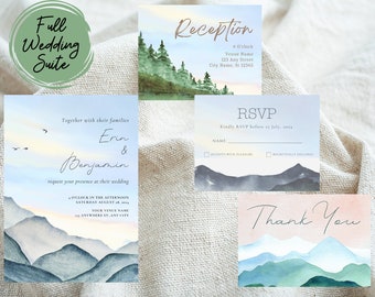 Mountain Wedding Invitation Set, Outdoors Wedding Invitation Suite, Adventure Wedding Invitation Template Download, Canva Wedding Invitation