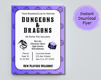 Dungeons and Dragons Flyer, DnD Game Flyer Advertisement For Business or School, Printable School Club Flyer, Canva Printable Poster Flyer