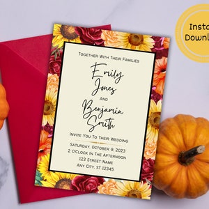 Rustic Fall Wedding Invitation, Autumn Wedding Invitation, Printable Floral Wedding Invitation, Canva Wedding Template, Instant Download