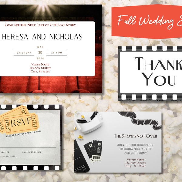 Ensemble d'invitation de mariage sur le thème du film, faire-part de mariage personnalisable, téléchargement de modèle d'invitation de mariage, ensemble d'invitation de mariage Canva