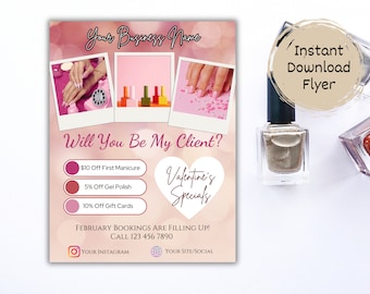 February Booking Flyer, Valentines Day Nails Flyer, Valentines Business Flyer, Nail Salon Booking Flyer, Printable 8.5 x 11 Flyer Canva