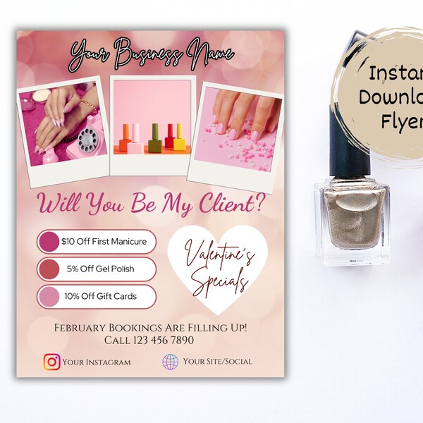 February Booking Flyer, Valentines Day Nails Flyer, Valentines Business Flyer, Nail Salon Booking Flyer, Printable 8.5 x 11 Flyer Canva