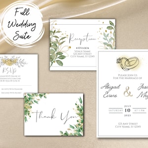 Traditional Wedding Invitation Set, Classic Customizable Wedding Bundle, Gold Rings Wedding, Canva Invitation Set With RSVP Reception Card