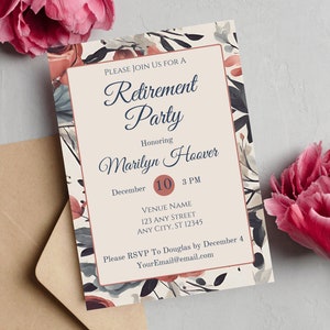 Ruhestand Party Einladung Vorlage, Blumen Abschied Party Einladung, Vintage Going Away Party Einladung, Canva Ruhestand Einladung
