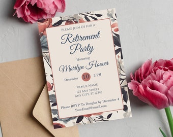 Modello di invito per festa di pensionamento, invito floreale per festa di addio, invito vintage per festa di addio, invito di pensionamento Canva