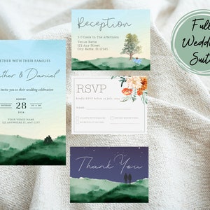 Mountains Rustic Editable Wedding Invitation Suite, Outdoors Wedding Invitation RSVP Details, Woodland Wedding Printable Canva Template