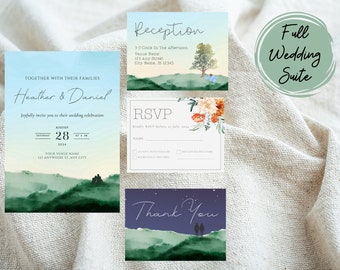 Mountains Rustic Editable Wedding Invitation Suite, Outdoors Wedding Invitation RSVP Details, Woodland Wedding Printable Canva Template