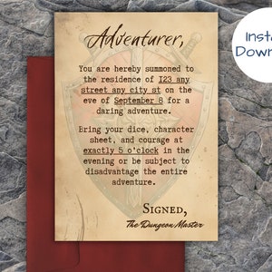 Dungeons and Dragons-uitnodiging, uitnodiging voor DnD-feestje, fantasieverjaardagsfeestje, rol voor initiatiefkaart, canva-uitnodiging direct downloaden