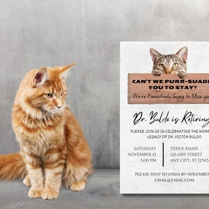 Invito per festa di pensionamento veterinario, invito per festa di addio tecnico veterinario, invito per festa di addio amante dei gatti, invito modello Canva