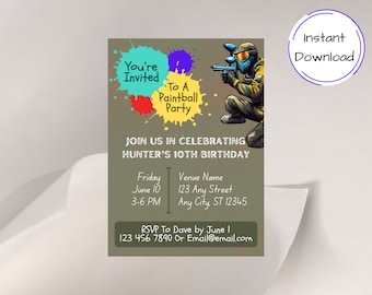 Paintball Party Invitation, Paint Ball Birthday Party Invitation, Teen Boy Birthday Invitation, Canva Custom Party Invitation Download