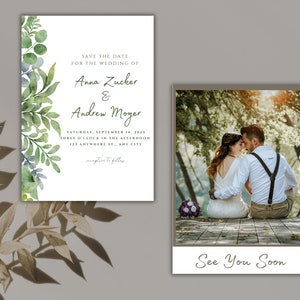 Greenery Save The Date With Photo, Floral Save The Date, Leaves Save The Date,  Save the Date Template, Printable Save The Date Invitation