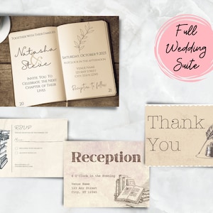 Book Themed Wedding Invitation Set, Book Lover&#39;s Suite, Vintage Book Wedding Invitation, RSVP, Details Card, Instant Download Canva Invite