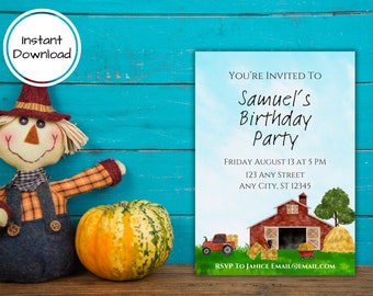 Farmer Birthday Party Invitation, Barnyard Birthday Party Invitation, Tractor Birthday Party, Printable Birthday Party Invitation Template