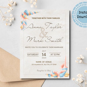 Beach Wedding Invitation, Coastal Wedding Invitation, Destination Wedding Invitation, Printable Wedding Invite, Canva Invitation Template