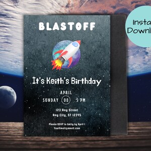 Rocket Ship Birthday Invitation, Blastoff Birthday Party, Space Themed Party Invite, Out Of This World, Instant Download Canva Invitation