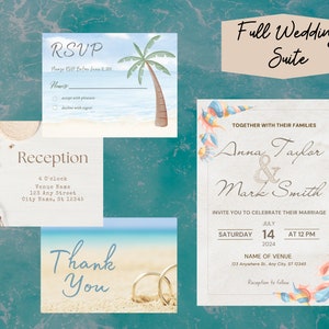 Beach Wedding Invitation Set, Printable Summer Wedding Invitation Editable, Tropical Destination Wedding Invitation Set, Canva Template RSVP