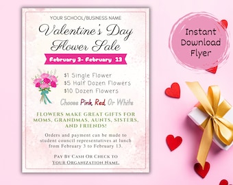 Valentine's Flower Sale Flyer, Printable School Fundraiser Flyer, Church Flower Sale Poster, PTA Student Council Flyer Canva Template DIY