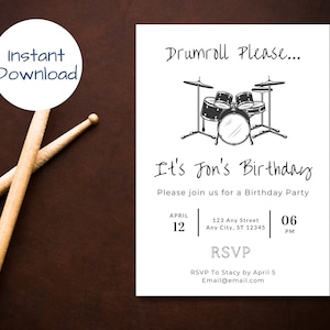 Verjaardagsuitnodiging drummer, bandconcert verjaardagsuitnodiging, verjaardagsfeestje met muziekthema, rock-'n-roll Canva direct downloaden
