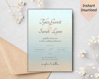 Beach Wedding Invitation, Blue and Beige Wedding Invitation, Customizable Wedding Invitation, Canva Wedding Template, Ocean Wedding Invite
