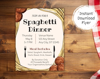 Spaghetti Dinner Flyer, Italian Dinner Fundraiser Invitation, 8.5 x 11 Event Flyer Template Canva, Church Event Flyer Customizable Download