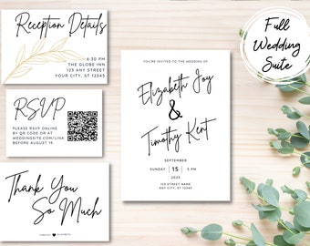 Modern Wedding Invitation Set, Minimalist Wedding, Simple Wedding Invite, RSVP, Detail, Editable Template, Canva Invitation Instant Download