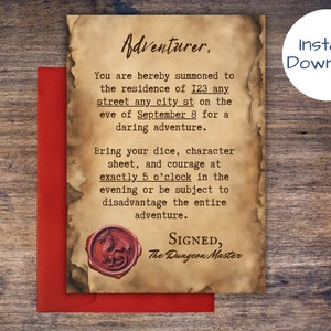 Dungeons and Dragons-uitnodiging, uitnodiging voor DnD-feestje, fantasieverjaardagsfeestje, rol voor initiatiefkaart, canva-uitnodiging direct downloaden
