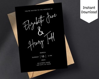 Black and White Modern Minimalist Wedding Invitation, Calligraphy Wedding Invitation, Canva Template,  Custom Wedding Invitation Template