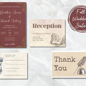 Book Themed Wedding Invitation Set, Book Lover&#39;s Wedding Invitation Suite, Vintage Book Wedding Invitation Template Download, Canva Wedding