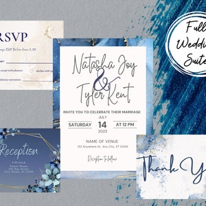 Navy Blue Wedding Invitation, Blue and Gold Invitation Set, Marble Wedding Invitation Template Download, Printable Wedding Invitation Canva
