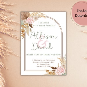 Boho Wedding Invitation, Pampas Boho Wedding Invite, Custom Wedding Invitation, Canva Wedding Template, Instant Download Invite