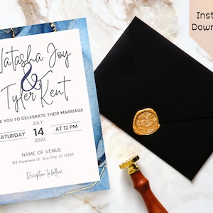 Navy Blue Wedding Invitation, Blue and Gold Wedding Invitation, Custom Wedding Invitation, Canva Wedding Template, Instant Download Invite