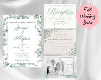 Spring Greenery Wedding Invitation Set, Eucalyptus Wedding Invitation Bundle, Wedding Invitation Suite,  Canva Invitation RSVP Details Cards