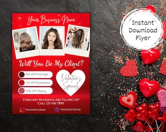 February Booking Flyer, Valentines Day Hair Flyer, Valentines Business Flyer, Hair Booking Flyer, Printable 8.5 x 11 Hair Salon Flyer Canva