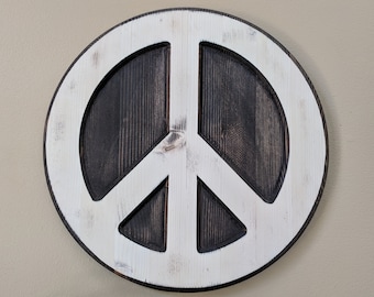 Wood Carved Peace Sign Wall Art, Rustic Distressed Design