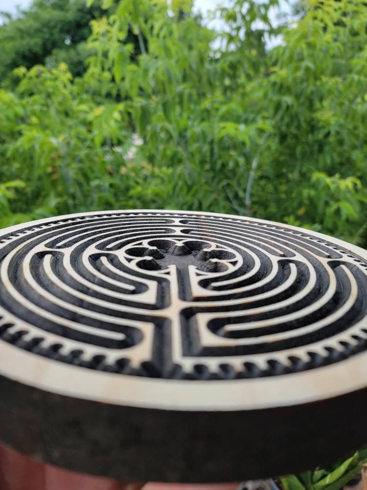 10 Inch Finger Labyrinth Wood Carving, Natural and Dark Brown Contrast ...