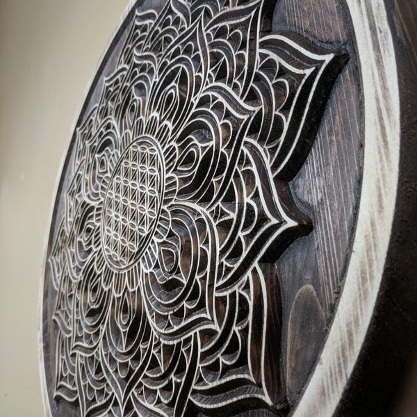 Mandala, lotus, levensbloem, houtsnijwerk, heilige geometrische muurkunst, meditatie, yoga, decor,